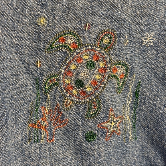 Vtg Christopher & Banks Womens Denim Shirt Turtle Embroidered Nautical Nature L - Picture 10 of 13
